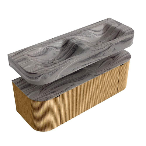 MONDIAZ THOR-DLUX 130cm badmeubel ronding links + rechts kleur Oak met 1 lade en 2 deuren. Vrijhangende wastafel CLOUD Dubbel zonder kraangat kleur Sombra. SW1464107