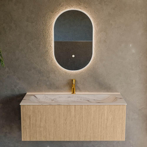 MONDIAZ KURVE-DLUX 110cm badmeubel kleur Oak met 1 lade en 0 deuren. Wastafel BIG MEDIUM Midden 1 kraangat Nata. SW1432090