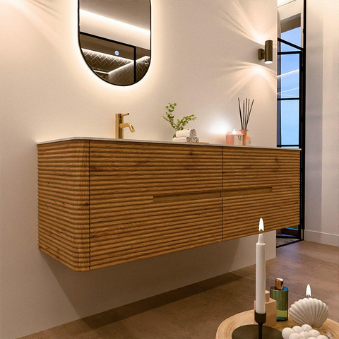 Mondiaz CIRO-DLUX Ensemble de meubles de salle de bains - 160x45x50cm - Plan vasque solid surface Opalo - 1 vasque à gauche - 1 trou de robinet - 4 tiroirs - Chêne SW1531038