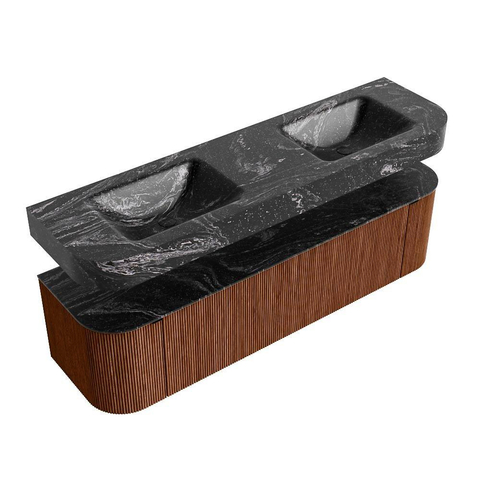 MONDIAZ THOR-DLUX 170cm meuble de salle de bains arrondi gauche + droite couleur Ruby avec 1 tiroir et 2 portes. Vasque suspendue CLOUD Double 2 trous de robinet couleur Lava. SW1465501