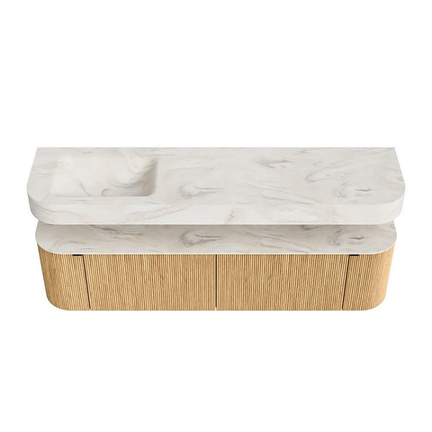 MONDIAZ THOR-DLUX 180cm badmeubel ronding links + rechts kleur Oak met 2 lades en 2 deuren. Vrijhangende wastafel CLOUD Links zonder kraangat kleur Ostra. SW1465932