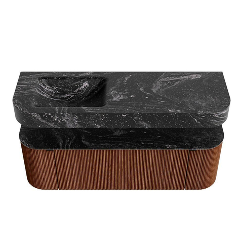 MONDIAZ THOR-DLUX 140cm meuble de salle de bains arrondi gauche + droite couleur Ruby avec 1 tiroir et 2 portes. Vasque suspendue CLOUD Gauche 1 trou de robinet couleur Lava. SW1464231