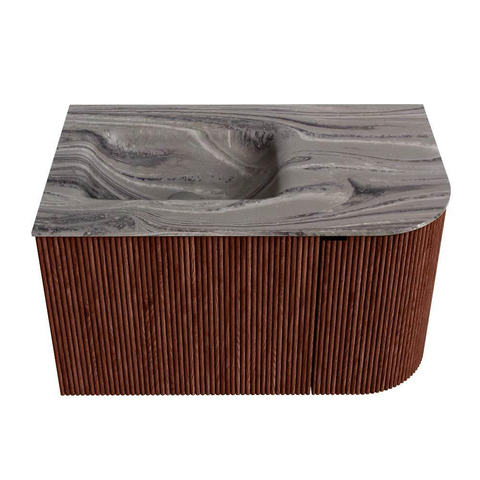 MONDIAZ KURVE-DLUX Meuble de salle de bains 75cm arrondi à droite couleur Ruby avec 1 tiroir et 1 porte. Lavabo GRUNNE à gauche 1 trou de robinet Sombra. SW1433918