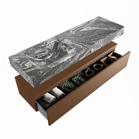 Mondiaz ALAN-DLUX Ensemble de meuble - 150cm - meuble Rust mat - 1 tiroir - Lavabo Cloud Lava suspendu - vasque Gauche - 0 trous de robinet SW808353