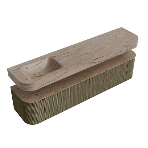 MONDIAZ THOR-DLUX 200cm meuble de salle de bains arrondi gauche + droite couleur Shadow avec 2 tiroirs et 2 portes. Vasque suspendue CLOUD Gauche sans trou de robinet couleur Arena. SW1467084