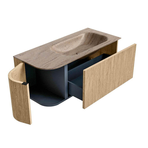 MONDIAZ KURVE-DLUX Meuble de salle de bains 105cm arrondi Gauche couleur Chêne avec 1 tiroir et 1 porte. Lavabo BIG SMALL Droite sans trou de robinet Saba. SW1433049
