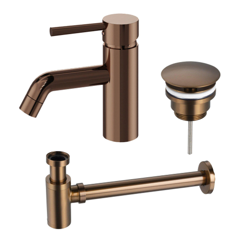 Fortifura Calvi Wastafelkraanset - lage wastafelkraan - always open plug - verlaagde design - sifon - PVD - geborsteld koper SW1079952