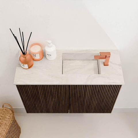 Mondiaz JOYA-DLUX 60cm toiletmeubel - kleur Walnut - Wastafel FAYE positie Rechts 1 kraangat kleur Ostra. SW1422598