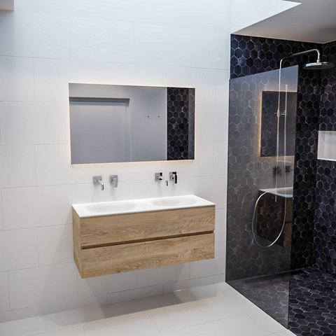 ENSEMBLE DE MEUBLE MONDIAZ VICA - 120cm - 2 tiroirs - lavabo Moon double - 0 trou de robinet - solid surface chêne blanchi SW409955