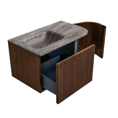 MONDIAZ KURVE-DLUX Meuble de salle de bains 75cm arrondi à droite couleur Walnut avec 1 tiroir et 1 porte. Lavabo GRUNNE à gauche sans trou de robinet Oza. SW1432699