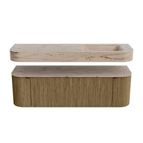 MONDIAZ THOR-DLUX 150cm meuble de salle de bains arrondi gauche + droite couleur Dusk avec 1 tiroir et 2 portes. Vasque suspendue CLOUD Droite 1 trou de robinet couleur Arena. SW1464749