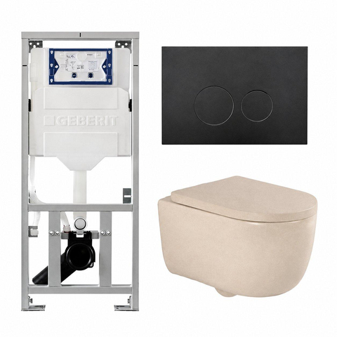 QeramiQ Dely Swirl Toiletset - 36.3x51.7cm - Geberit UP320 inbouwreservoir - met Burda frame - 35mm zitting - mat zwarte bedieningsplaat - ronde knoppen - mat beige SW1138598