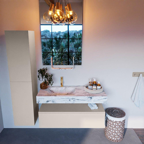 Mondiaz ALAN-DLUX Ensemble de meuble - 110cm - meuble Linen mat - 1 tiroir - Lavabo Cloud Glace suspendu - vasque Gauche - 1 trou de robinet SW805773