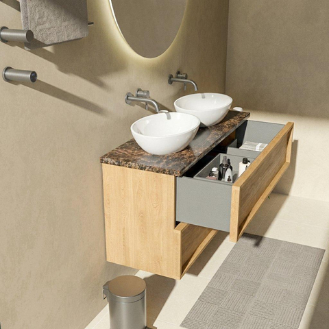 Saniclass Holz Frame Badkamermeubelset - 120x45x63cm - Noche natuurstenen topblad dark emperador - zonder kraangat - 2 lades - mat eiken natural (hout) SW1579877