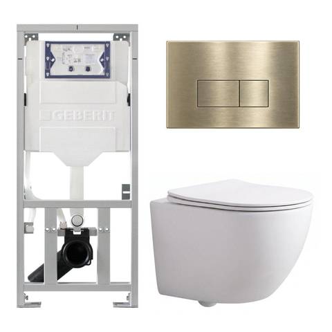 Pack WC QeramiQ Dely Swirl Compact - réservoir encastrable Geberit UP320 - avec bâti-support Burda - abattant slim - plaque de commande en plastique laiton brossé (or) - boutons rectangulaires - blanc mat SW1595644