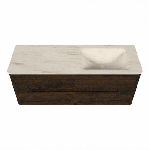 Mondiaz CIRO-DLUX Badkamermeubelset - 130x45x50cm - Solid surface wastafel Meli - 1 wasbak Rechts - 1 kraangat - 4 lades - Walnut SW1530490