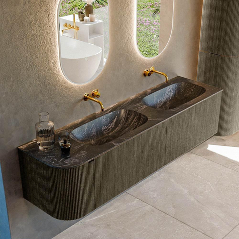 Mondiaz KURVE-DLUX Ensemble de meuble de salle de bains - 175x46x40cm - 2 tiroirs - 1 porte - lavabo solid surface - double / droite - sans trou de robinet - Shadow SW1414708