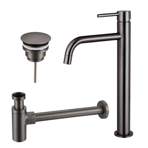 Fortifura Calvi Slim Wastafelkraanset - verhoogde wastafelkraan - always open plug - design - sifon - PVD - geborsteld gunmetal (antraciet) SW911761