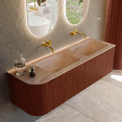 MONDIAZ KURVE-DLUX Meuble de salle de bains 145cm arrondi à gauche couleur Ruby avec 1 tiroir et 1 porte. Vasque LEAF Double / Droite sans trou de robinet Saba. SW1433493