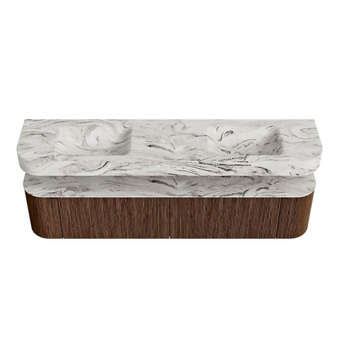 MONDIAZ THOR-DLUX 200cm badmeubel ronding links + rechts kleur Walnut met 2 lades en 2 deuren. Vrijhangende wastafel CLOUD Dubbel zonder kraangat kleur Glace. SW1466998