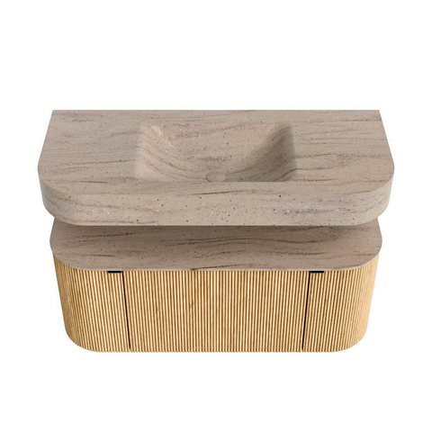MONDIAZ THOR-DLUX 110cm badmeubel ronding links + rechts kleur Oak met 1 lade en 2 deuren. Vrijhangende wastafel CLOUD Midden zonder kraangat kleur Saba. SW1462999