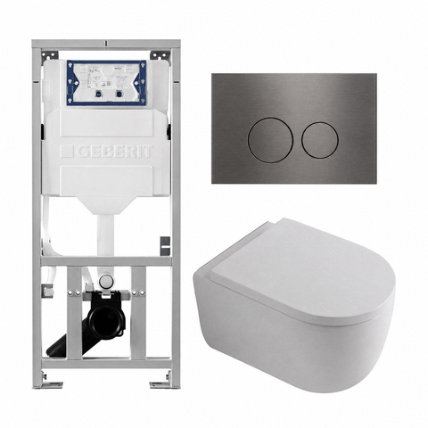 QeramiQ Dely Swirl Toiletset - 36.3x51.7cm - Geberit UP320 inbouwreservoir - met Burda frame - 35mm zitting - gunmetal bedieningsplaat - ronde knoppen - glans wit SW1138655