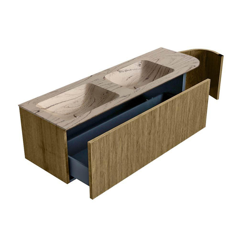 MONDIAZ KURVE-DLUX 145cm meuble de salle de bains arrondi Droite couleur Dusk avec 1 tiroir et 1 porte. Lavabo LEAF Double / Gauche 2 trous de robinet Arena. SW1431403
