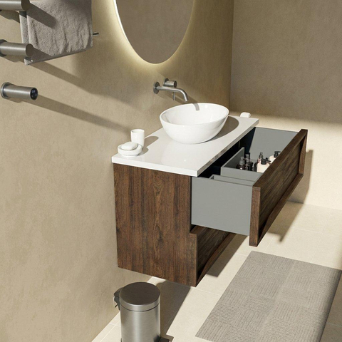 Saniclass Holz Frame Badkamermeubelset - 100x45x63cm - Travertine natuurstenen topblad - zonder kraangat - 2 lades - mat eiken charcoal (hout) SW1580032