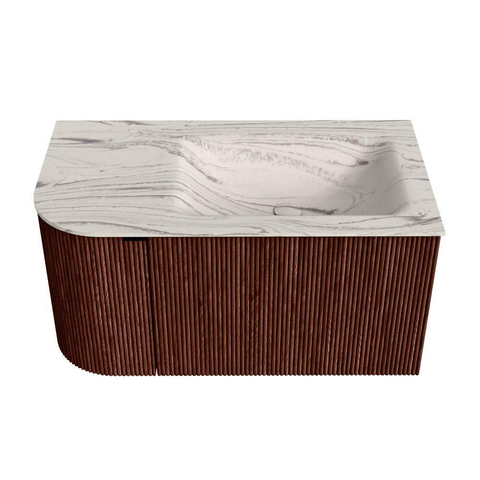 MONDIAZ KURVE-DLUX Meuble de salle de bains 85cm arrondi à gauche couleur Ruby avec 1 tiroir et 1 porte. Lavabo CLOUD à droite 1 trou de robinet Nata. SW1432519