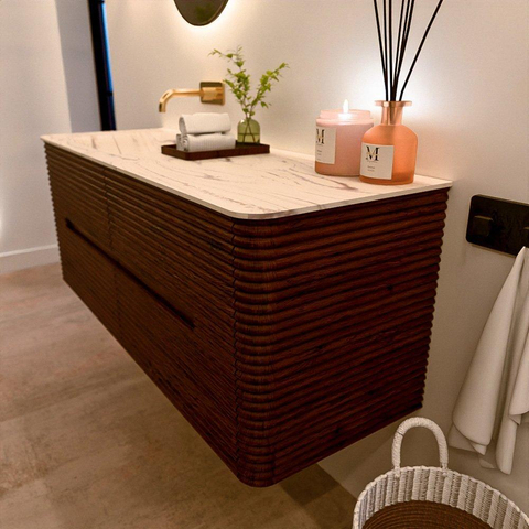 Mondiaz CIRO-DLUX Ensemble meuble de salle de bains - 130x45x50cm - lavabo solid surface Nata - 1 vasque à gauche - sans trous de robinetterie - 4 tiroirs - Ruby SW1532042