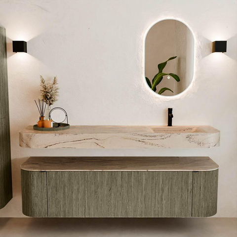 MONDIAZ THOR-DLUX Meuble de salle de bains 170cm arrondi gauche + droite couleur Shadow avec 1 tiroir et 2 portes. Vasque suspendue CLOUD Droite 1 trou de robinet couleur Arena. SW1465823