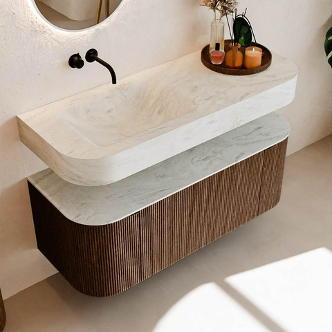 MONDIAZ THOR-DLUX 120cm badmeubel ronding links + rechts kleur Walnut met 1 lade en 2 deuren. Vrijhangende wastafel CLOUD Links zonder kraangat kleur Opalo. SW1463205