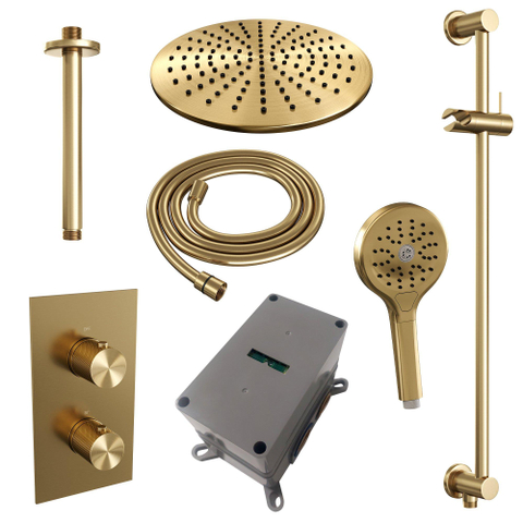 Brauer Gold Carving Ensemble de douche pluie encastré - douche principale 30 cm - 2 fonctions - glissière - incluant partie encastrable - douchette ronde 3 positions - PVD - or brossé SW715482
