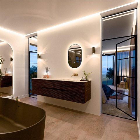 Mondiaz CIRO-DLUX Meuble de salle de bains - 190x45x50cm - plan-vasque en Solid surface Glace - 1 lavabo à droite - sans trous de robinetterie - 4 tiroirs - Noyer SW1530129