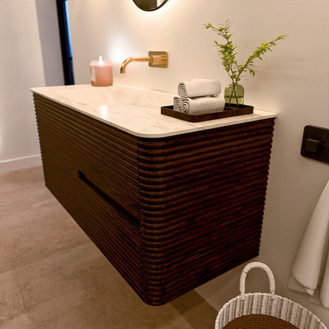 Mondiaz CIRO-DLUX Meuble de salle de bains - 110x45x50cm - vasque solid surface Ostra - 1 bassin à gauche - sans trous de robinet - 2 tiroirs - Noyer SW1530385