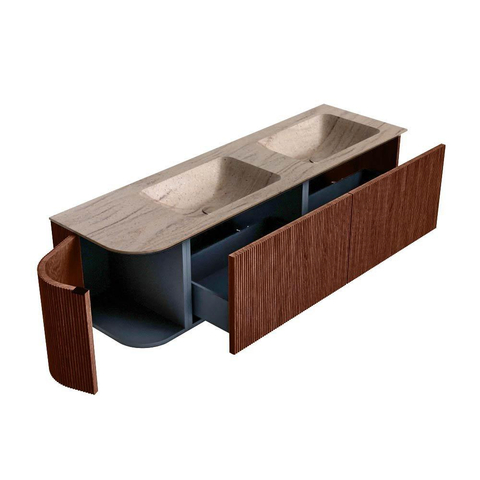 MONDIAZ KURVE-DLUX Meuble de salle de bains 155cm arrondi à gauche couleur Ruby avec 2 tiroirs et 1 porte. Lavabo LEAF Double / À droite 2 trous de robinet Saba. SW1433503