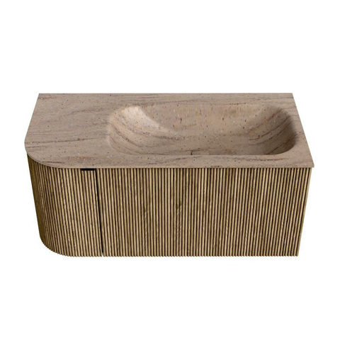 MONDIAZ KURVE-DLUX Meuble de salle de bains 95cm arrondi à gauche couleur Dusk avec 1 tiroir et 1 porte. Lavabo BIG SMALL à droite sans trou de robinet Saba. SW1433323