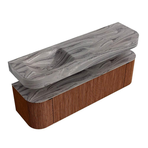 MONDIAZ THOR-DLUX 160cm meuble de salle de bains arrondi gauche + droite couleur Ruby avec 1 tiroir et 2 portes. Vasque suspendue CLOUD gauche sans trou de robinet couleur Sombra. SW1465386