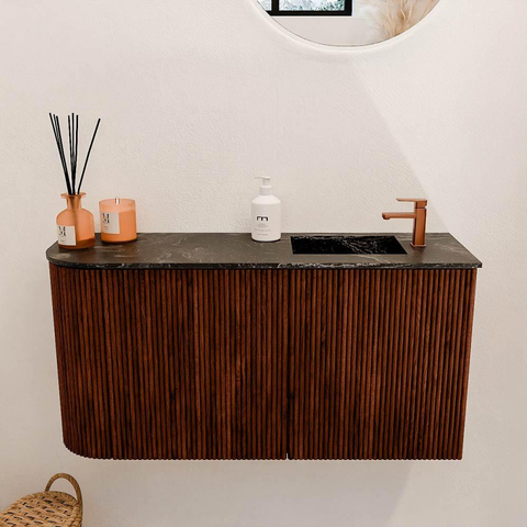 Mondiaz JOYA-DLUX Meuble de toilette 81.6cm - arrondi gauche couleur Ruby - Vasque FAYE position Droite 1 trou de robinet couleur Lava. SW1423642