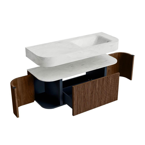 MONDIAZ THOR-DLUX 120cm badmeubel ronding links + rechts kleur Walnut met 1 lade en 2 deuren. Vrijhangende wastafel CLOUD Rechts zonder kraangat kleur Opalo. SW1463234