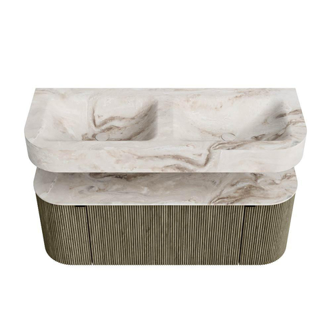MONDIAZ THOR-DLUX 120cm meuble de salle de bains arrondi gauche + droite couleur Shadow avec 1 tiroir et 2 portes. Vasque suspendue CLOUD Double 2 trous de robinet couleur Frappe. SW1463157