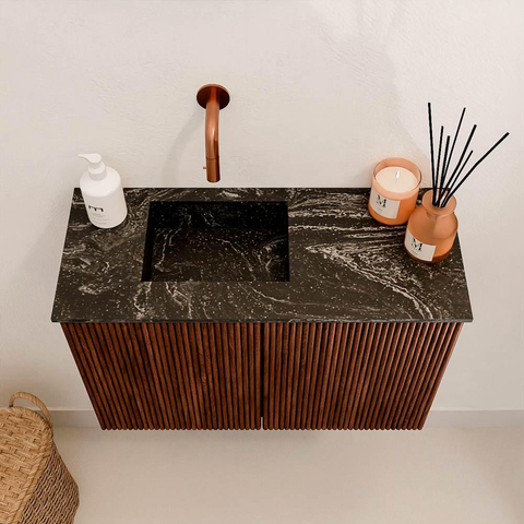 Mondiaz JOYA-DLUX 60cm toiletmeubel - kleur Ruby - Wastafel FAYE positie Links Zonder kraangat kleur Lava. SW1423605