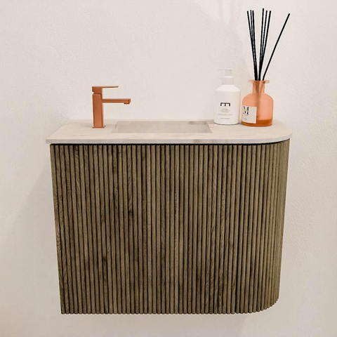 Mondiaz JOYA-DLUX 51.6cm toiletmeubel - ronding rechts kleur Dusk - Wastafel FAYE positie Links 1 kraangat kleur Frappe. SW1423090