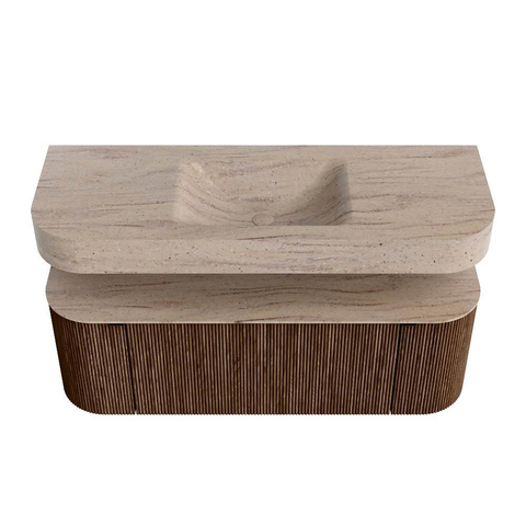 MONDIAZ THOR-DLUX 130cm badmeubel ronding links + rechts kleur Walnut met 1 lade en 2 deuren. Vrijhangende wastafel CLOUD Midden 1 kraangat kleur Saba. SW1464018