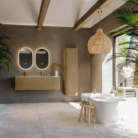 MONDIAZ KURVE-DLUX Meuble de salle de bains 145cm arrondi à droite couleur Dusk avec 1 tiroir et 1 porte. Lavabo BIG LARGE à gauche 2 trous de robinetterie Sombra. SW1433882