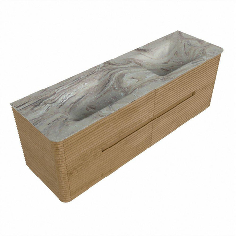 Mondiaz CIRO-DLUX Badkamermeubelset - 150x45x50cm - Solid surface wastafel Glace - 2 wasbak Dubbel - 2 kraangaten - 4 lades - Oak SW1530841