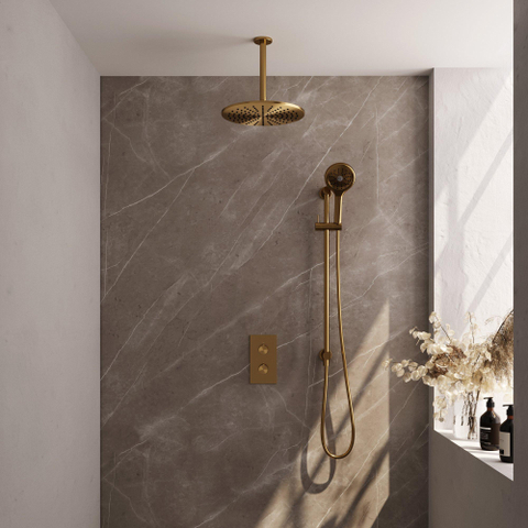 Brauer Gold Carving Ensemble de douche pluie encastré - douche principale 30 cm - 2 fonctions - glissière - incluant partie encastrable - douchette ronde 3 positions - PVD - or brossé SW715482