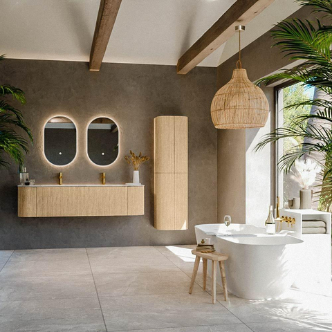 MONDIAZ KURVE-DLUX meuble de salle de bains 170 cm avec module 25 Len R couleur chêne avec 1 tiroir et 2 portes. Lavabo LEAF double 2 trous de robinet couleur Frappe. SW1137395