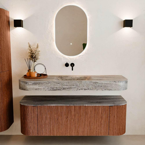 MONDIAZ THOR-DLUX 140cm meuble de salle de bains arrondi gauche + droite couleur Ruby avec 1 tiroir et 2 portes. Vasque suspendue CLOUD Milieu sans trou de robinet couleur Oza. SW1464284