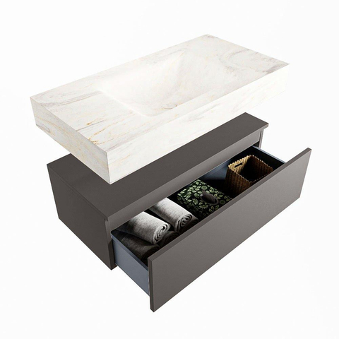 Mondiaz ALAN-DLUX Ensemble de meuble - 90cm - meuble Dark grey mat - 1 tiroir - Lavabo Cloud Ostra suspendu - vasque Centre - 0 trous de robinet SW807244
